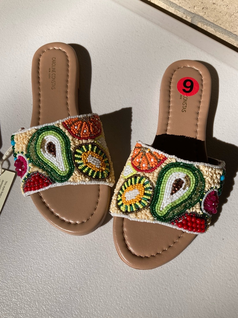 Caroline Constas Fruit Print Beaded Leather Sandals Avacado Kiwi Orange Tropical
